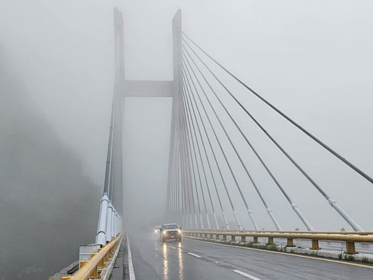 Carretera cubierta por densa neblina que reduce la visibilidad.