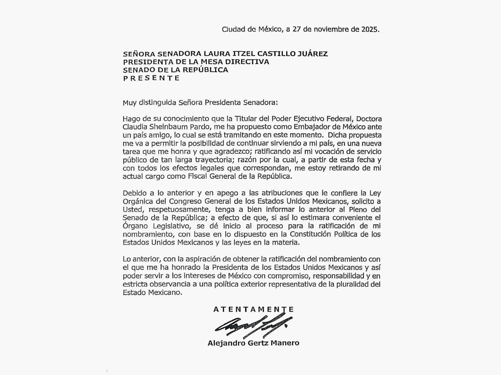 La carta de renuncia de Alejandro Gertz Manero. AMEXI Imagen Senado de la República