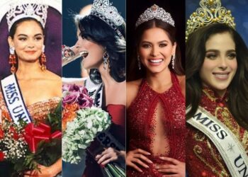 Las cuatro reinas mexicanas coronadas Miss Universo luciendo sus coronas y vestidos elegantes.