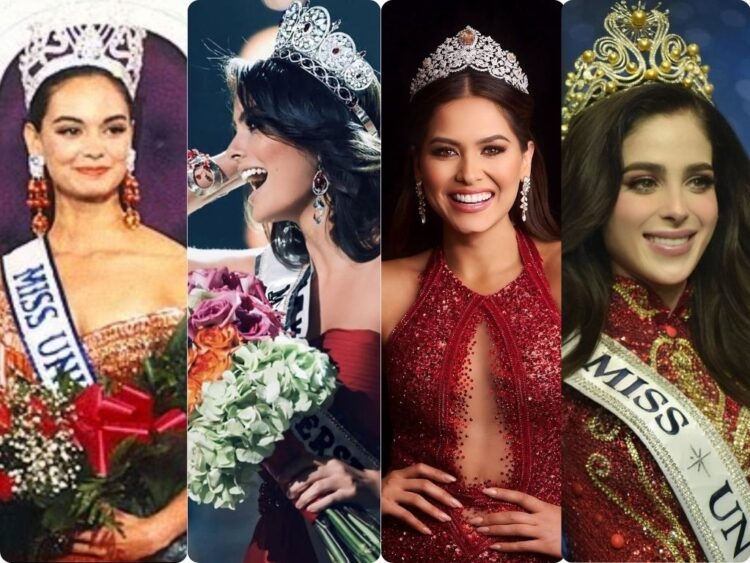 Las cuatro reinas mexicanas coronadas Miss Universo luciendo sus coronas y vestidos elegantes.