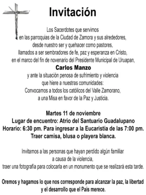 En Zamora, sacerdotes convocan a misa por la paz y la justicia. 06 de noviembre, 2025. AMEXI / FOTO: Redes Sociales