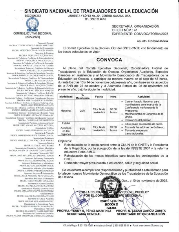 Sección 22 en Oaxaca anuncia 48 horas de paro.