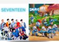 SEVENTEEN y Los Pitufos juntos en la versión K‑pop del video “God of Music”, mostrando color y dinamismo en su mundo azul.