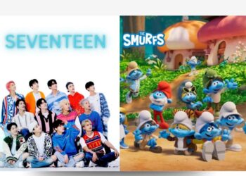 SEVENTEEN y Los Pitufos juntos en la versión K‑pop del video “God of Music”, mostrando color y dinamismo en su mundo azul.