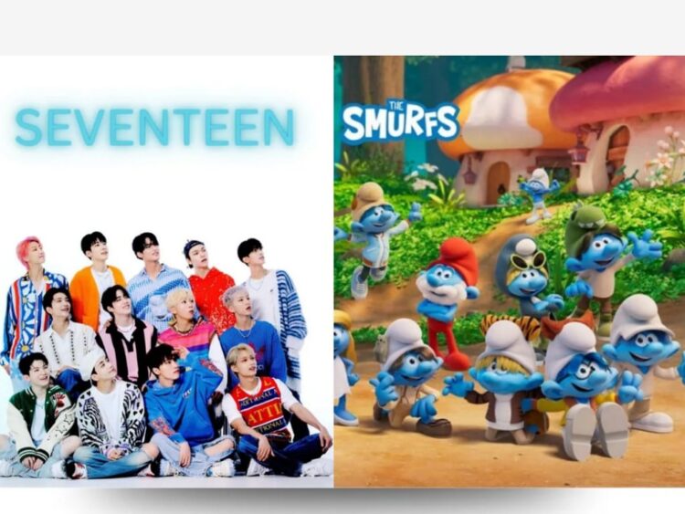 SEVENTEEN y Los Pitufos juntos en la versión K‑pop del video “God of Music”, mostrando color y dinamismo en su mundo azul.