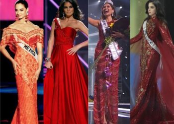 Las reinas mexicanas de Miss Universo con sus vestidos rojos de gala, luciendo elegancia y sus coronas.