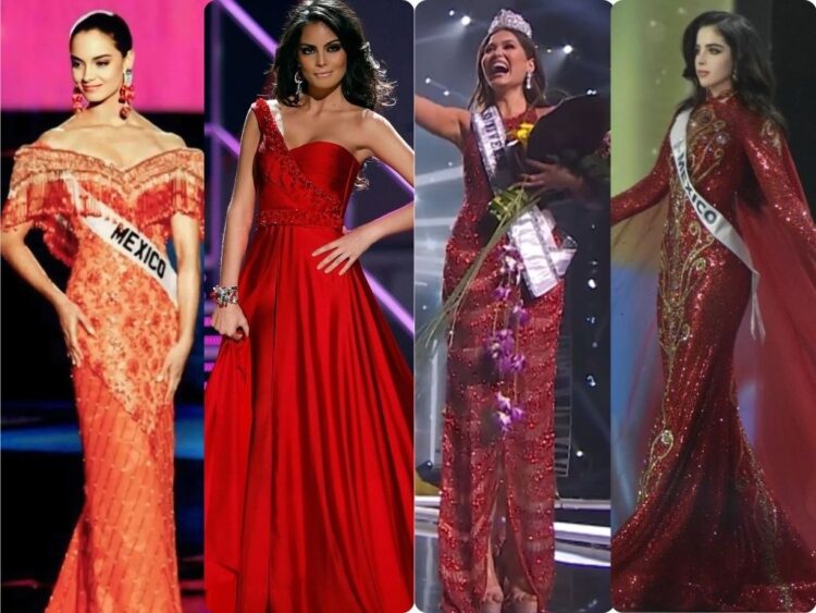 Las reinas mexicanas de Miss Universo con sus vestidos rojos de gala, luciendo elegancia y sus coronas.