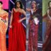 Las reinas mexicanas de Miss Universo con sus vestidos rojos de gala, luciendo elegancia y sus coronas.