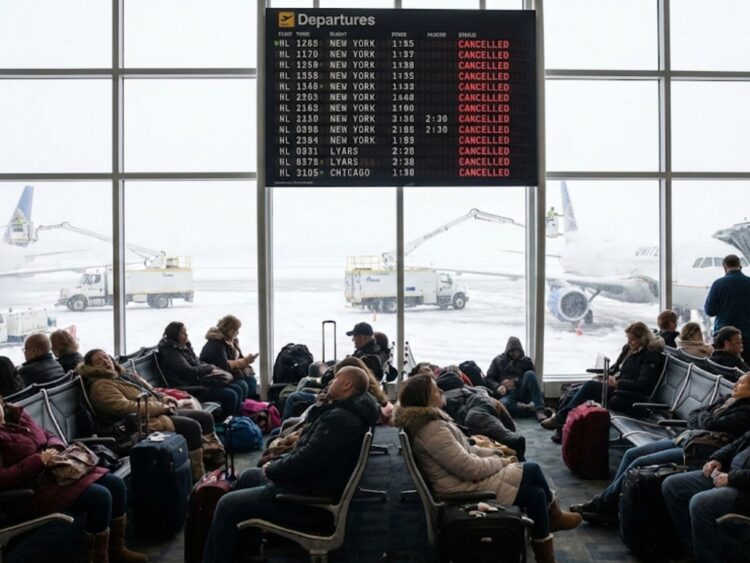Aviones varados en aeropuerto de Nueva York por tormenta invernal de nieve en 2025.