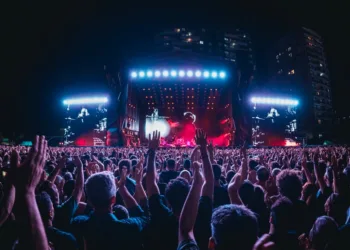 Los Fabulosos Cadillacs en vivo celebrando sus 40 años de trayectoria durante un concierto en el estadio de Ferro.