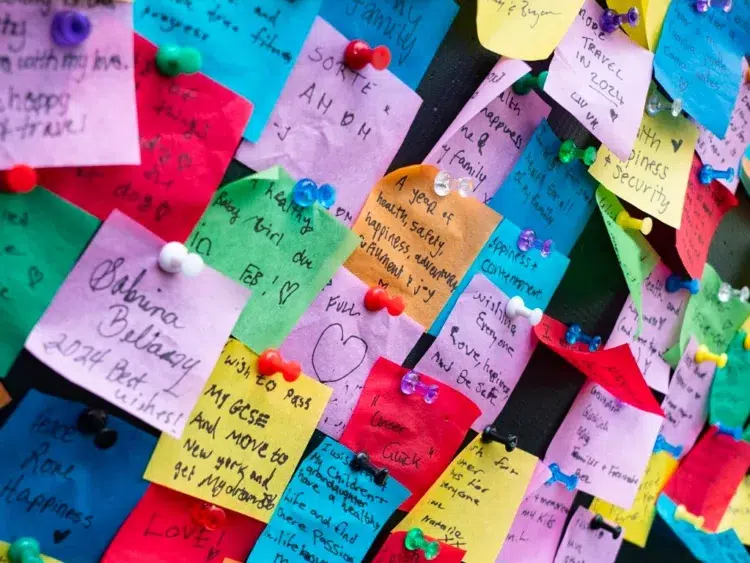 Muro de los Deseos en Times Square, Nochevieja 2025, donde personas envían sus deseos desde todo el mundo