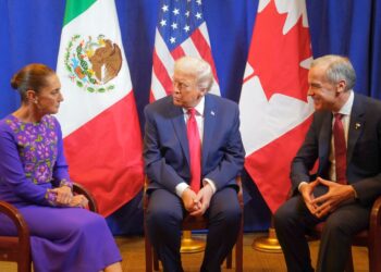 Sheinbaum, Trum, Mark Carney. Reunión tras el sorteo de la FIFA 2026. /AMEXI