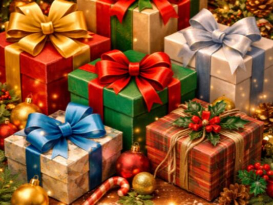 Regalo de Navidad envuelto con papel festivo y moño decorativo que simboliza unión, cariño y generosidad.