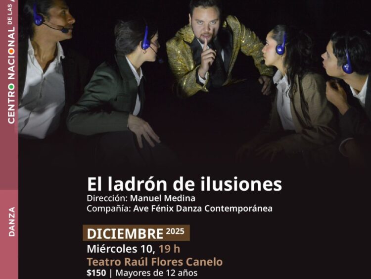 Bailarines de Ave Fénix Danza Contemporánea ejecutan una escena de El ladrón de ilusiones en el escenario del Cenart, con iluminación dramática y movimiento expresivo.