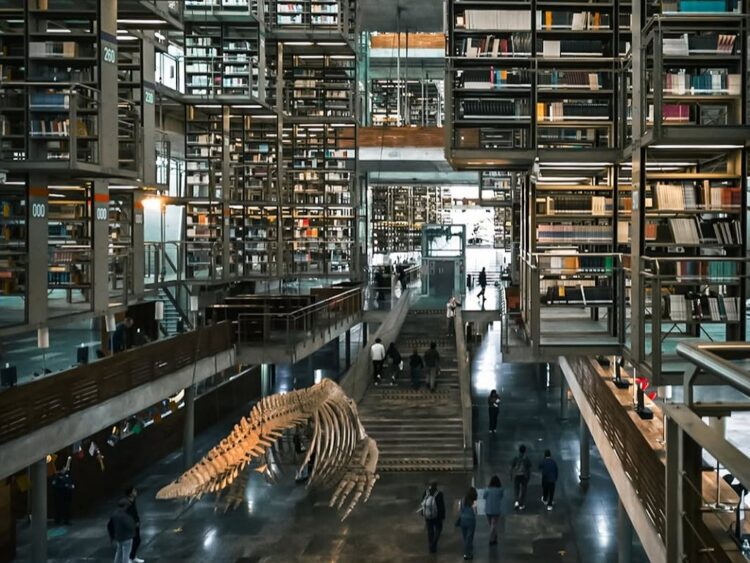Interior de la Biblioteca Vasconcelos con estanterías y áreas de lectura.