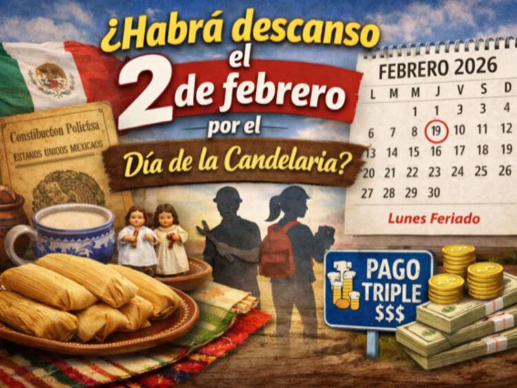 Calendario marcado con el lunes 2 de febrero de 2026 como día de descanso obligatorio por el primer puente vacacional en México.