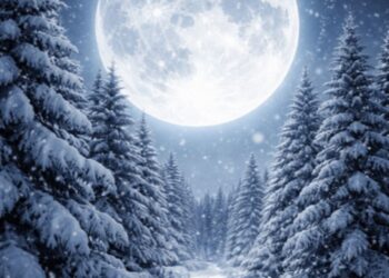 Luna llena de febrero 2026, conocida como Luna de Nieve, iluminando el cielo nocturno de México sobre un paisaje urbano y montañoso.