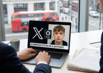 Dos personas en una oficina observan en una computadora los logotipos de la red social X y la inteligencia artificial Grok junto a la imagen pixelada de un menor.