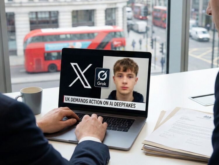 Dos personas en una oficina observan en una computadora los logotipos de la red social X y la inteligencia artificial Grok junto a la imagen pixelada de un menor.