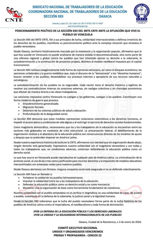 Sección 22 de la CNTE condena operación de EU en Venezuela como "ataque a soberanía"