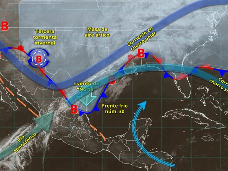 Tormenta invernal en México con lluvias intensas, caída de nieve y fuertes vientos por el frente frío 30, según el Servicio Meteorológico Nacional.