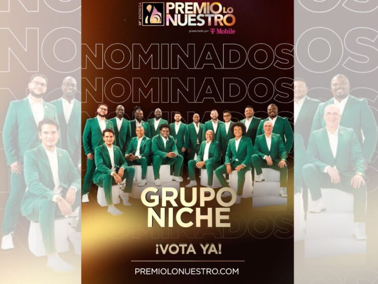 Integrantes de Grupo Niche junto a Carlos Vives durante una presentación, celebrando la nominación al Premio Lo Nuestro 2026 por su colaboración salsera.