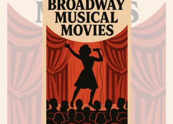 Escena de una película musical basada en Broadway con elenco cantando y bailando en un escenario cinematográfico.