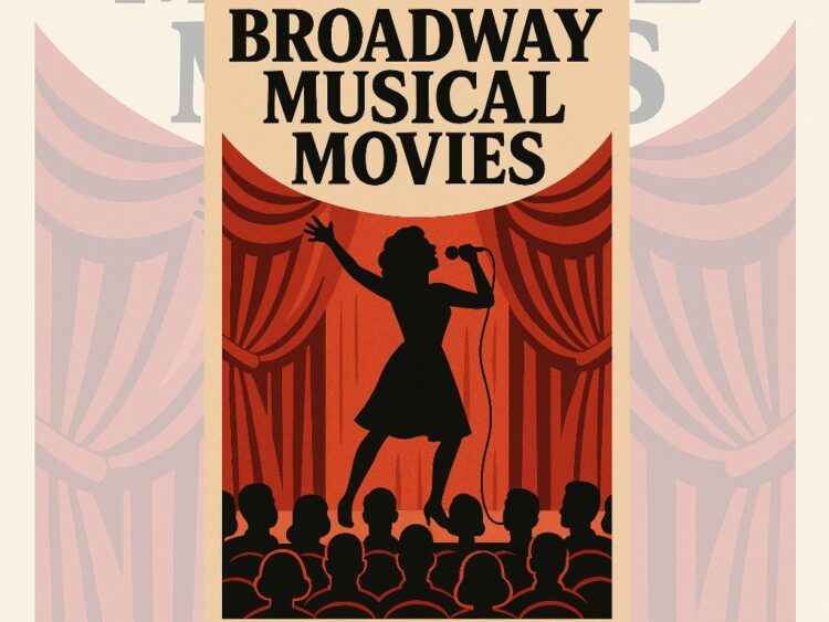 Escena de una película musical basada en Broadway con elenco cantando y bailando en un escenario cinematográfico.