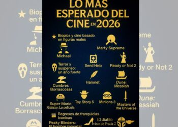 Collage de películas esperadas para 2026 con biopics, ciencia ficción, franquicias icónicas y directores reconocidos del cine internacional.