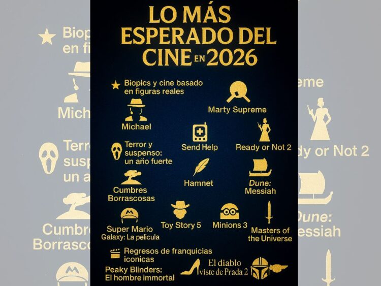 Collage de películas esperadas para 2026 con biopics, ciencia ficción, franquicias icónicas y directores reconocidos del cine internacional.