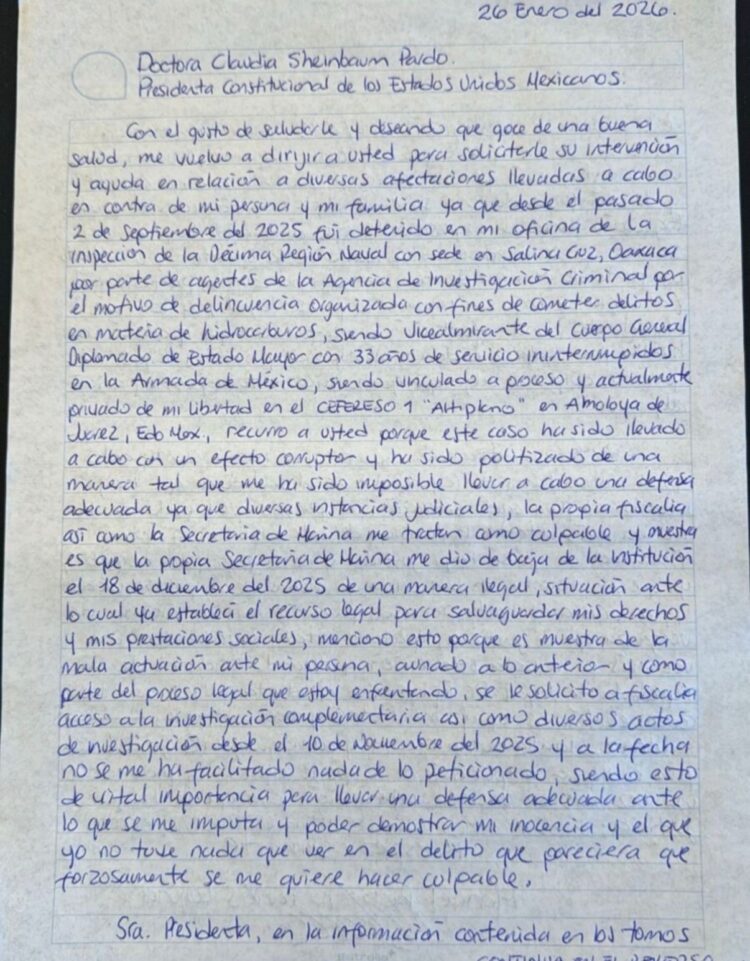 Carta del exvicealmirante, Farías Laguna a la presidenta Claudia Sheinbaum
