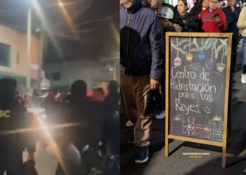 Pizarrón con anuncio de centro de hidratación para los Reyes Magos en puesto de cerveza ilegal.