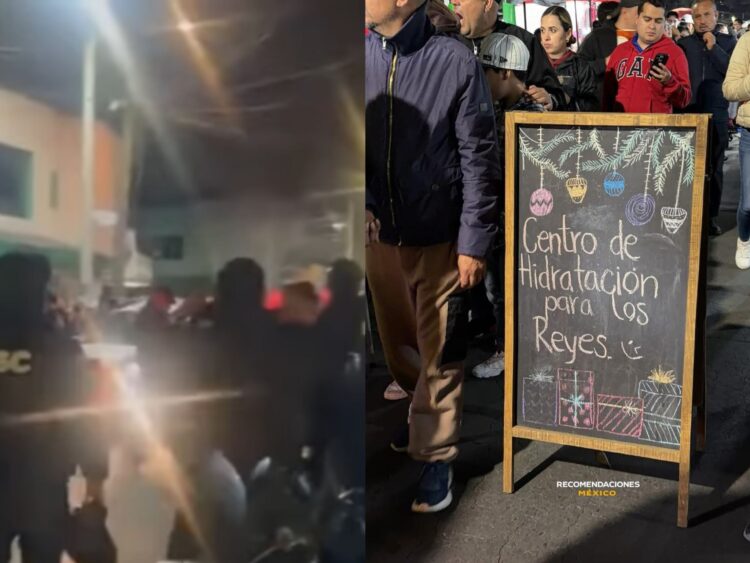 Pizarrón con anuncio de centro de hidratación para los Reyes Magos en puesto de cerveza ilegal.