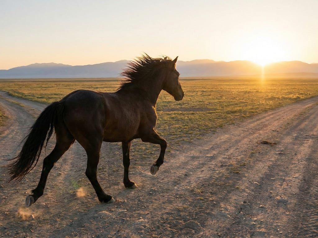 Un caballo se encuentra ante una encrucijada al amanecer