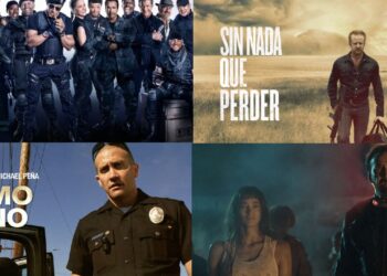 Pantalla de televisión con escenas de películas de acción mientras un grupo de amigos comparte botanas en una reunión por el Día del Amor y la Amistad.