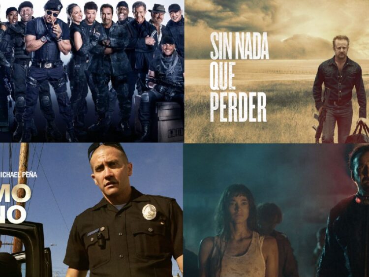 Pantalla de televisión con escenas de películas de acción mientras un grupo de amigos comparte botanas en una reunión por el Día del Amor y la Amistad.