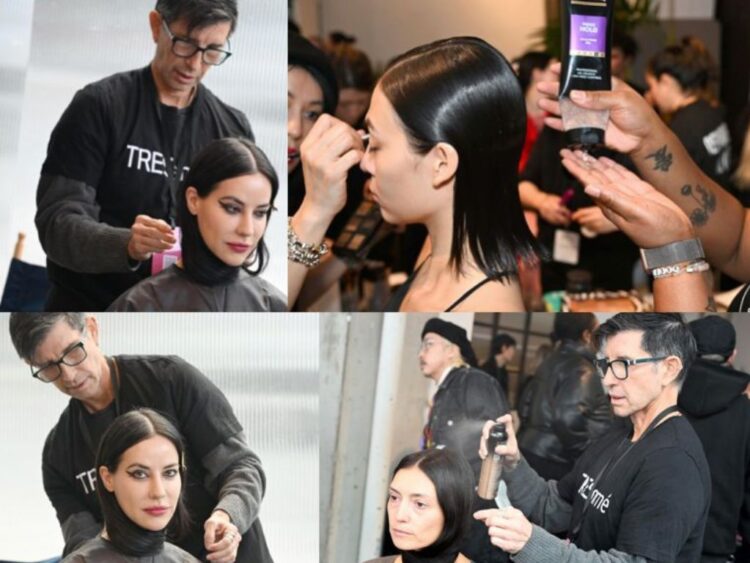 Modelos lucen peinados estructurados y brillantes con formas definidas que destacan el cabello como elemento central del look.