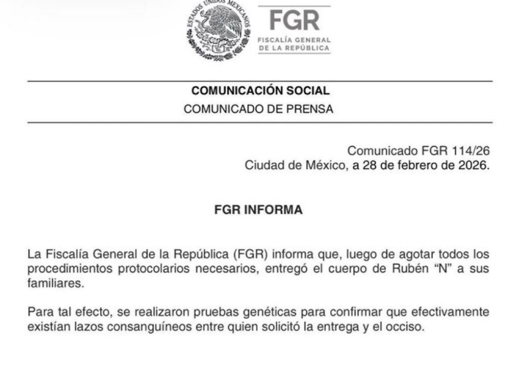 FGR entrega cuerpo ce El Mencho. Comunicado. AMEXI Foto FGR