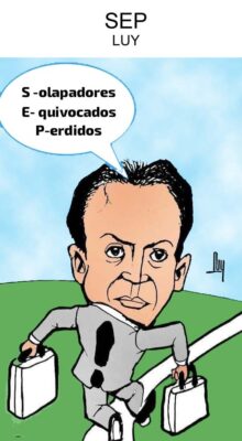 Caricatura de Marx Arriaga, que hace maletas y sale de la Secretaría de Educación Pública