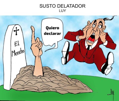 Cartón de LUY que muestra a un presunto funcionario asustado al ver salir una mano de la tumba del Mencho, con la frase "quiero declarar"