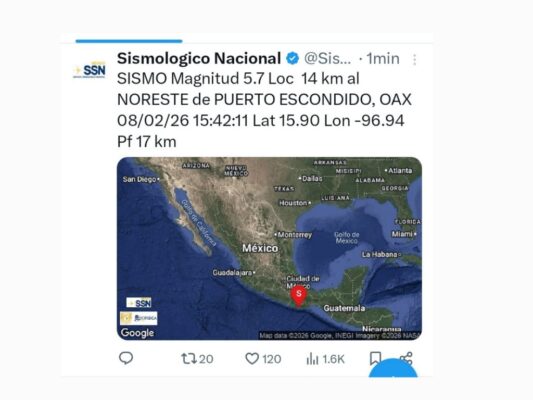 Sismológico Nacional reporta sismo de magnitud 5.7 en Puerto Escondido, Oaxaca AMEXI/FOTO: @SismologicoMX