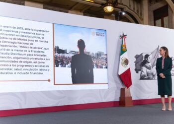 Connacionales. Claudia Sheinbaum, conferencia del 19 de marzo de 2026, sobre la estrategia Mexico te abraza. AMEXI Foto Presidencia