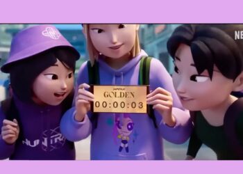 Escena de la película animada K‑Pop Demon Hunters relacionada con la canción “Golden”, interpretada por el grupo ficticio HUNTR/X.