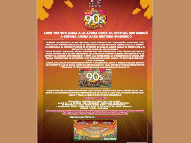 Público asiste al festival Love the 90s en la Arena Ciudad de México, con vestuarios coloridos y ambientación inspirada en los años noventa.