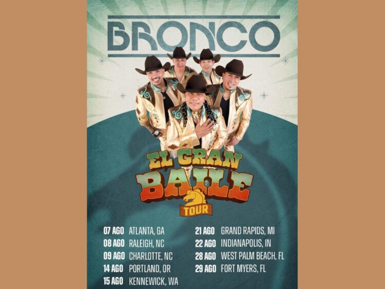 Bronco durante concierto en vivo con producción escénica moderna, como parte de su gira “El Gran Baile” 2026.