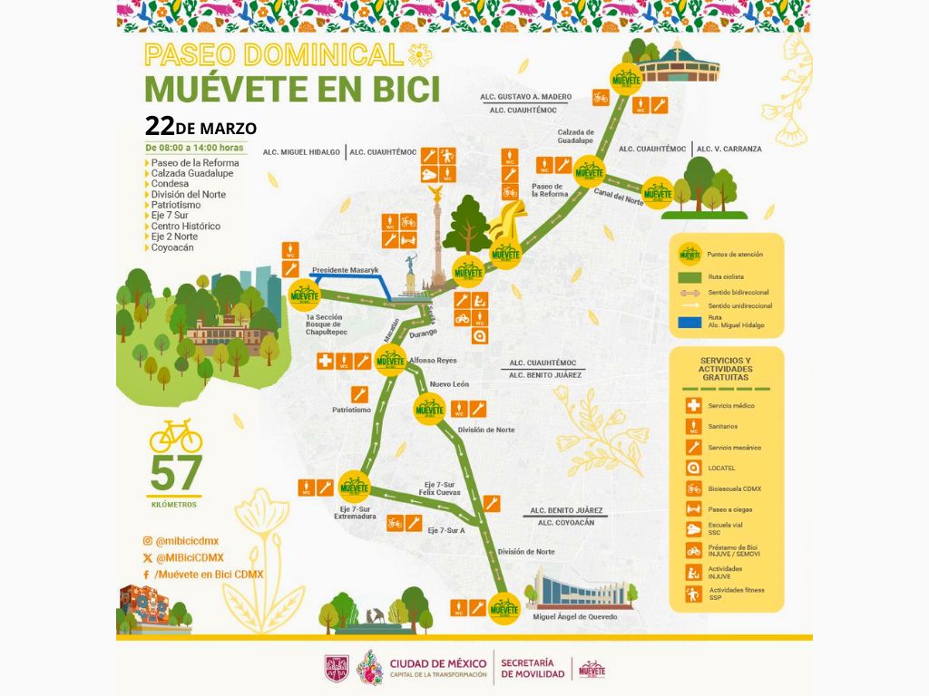 Muévete en Bici regresa este domingo 22 de marzo a las calles de la CDMX. AMEXI Imagen Secretaría de Movilidad CDMX