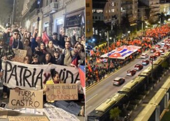 Manifestantes en Barcelona (izquierda), Atenas (derecha) y otras ciudades en todo el mundo expresaron su sentir sobre la situación en Cuba.
