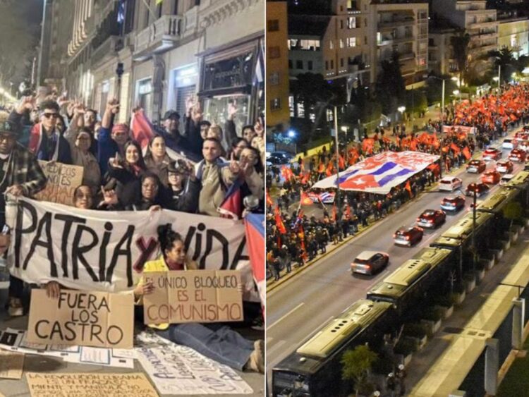 Manifestantes en Barcelona (izquierda), Atenas (derecha) y otras ciudades en todo el mundo expresaron su sentir sobre la situación en Cuba.