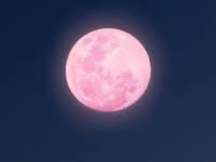 Luna llena visible en el cielo nocturno con tonos dorados y anaranjados cerca del horizonte durante el fenómeno conocido como Luna Rosa.