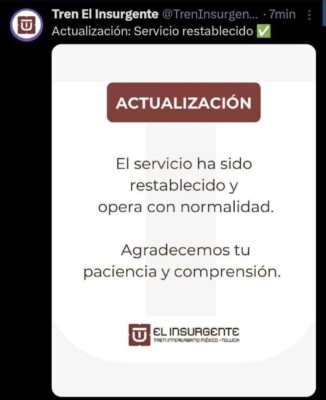 Usuarios reportaron retrasos de más de 20 minutos de "El Insurgente"
